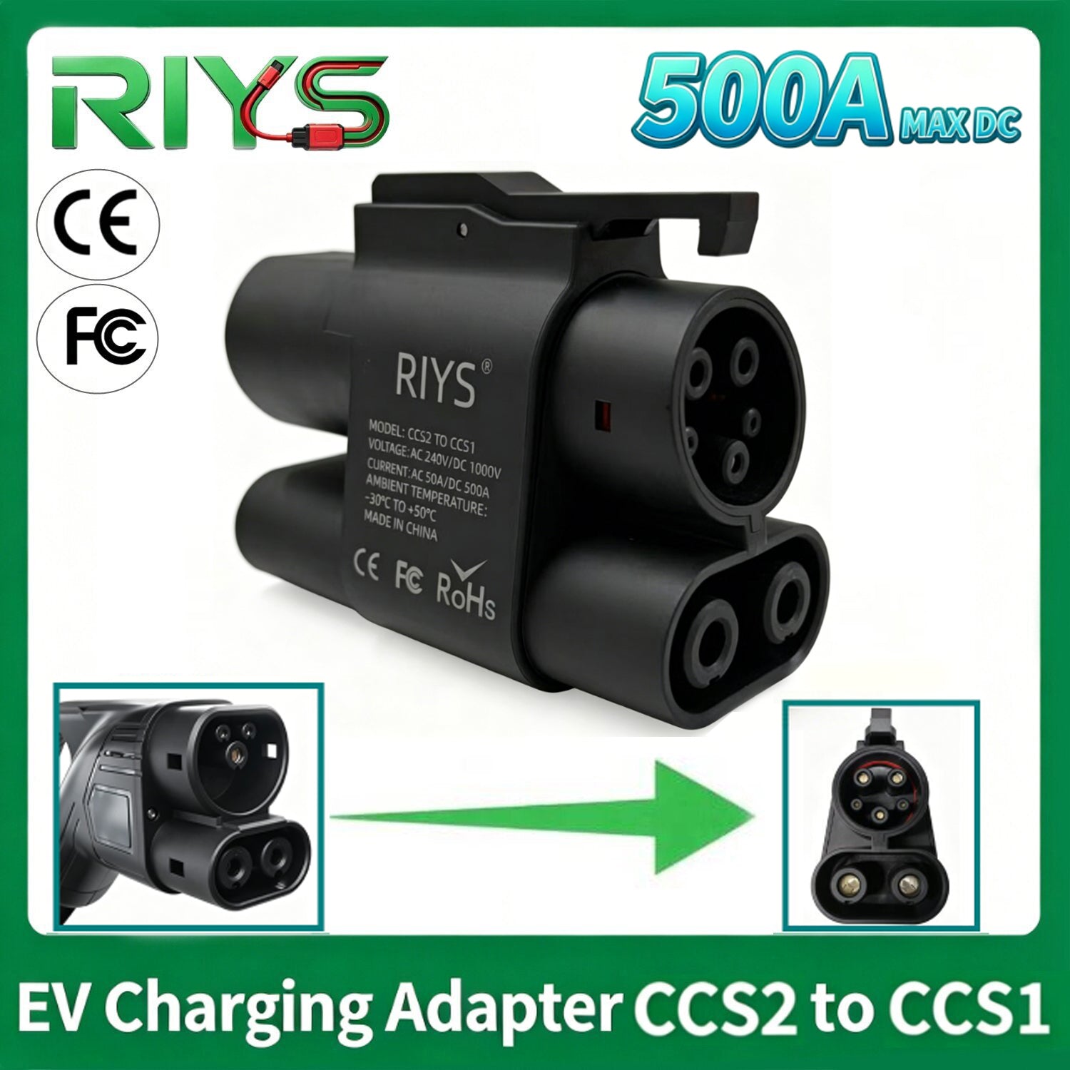 RIYS CCS2‑to‑CCS1 AC+DC Adapter 500A Max for EV