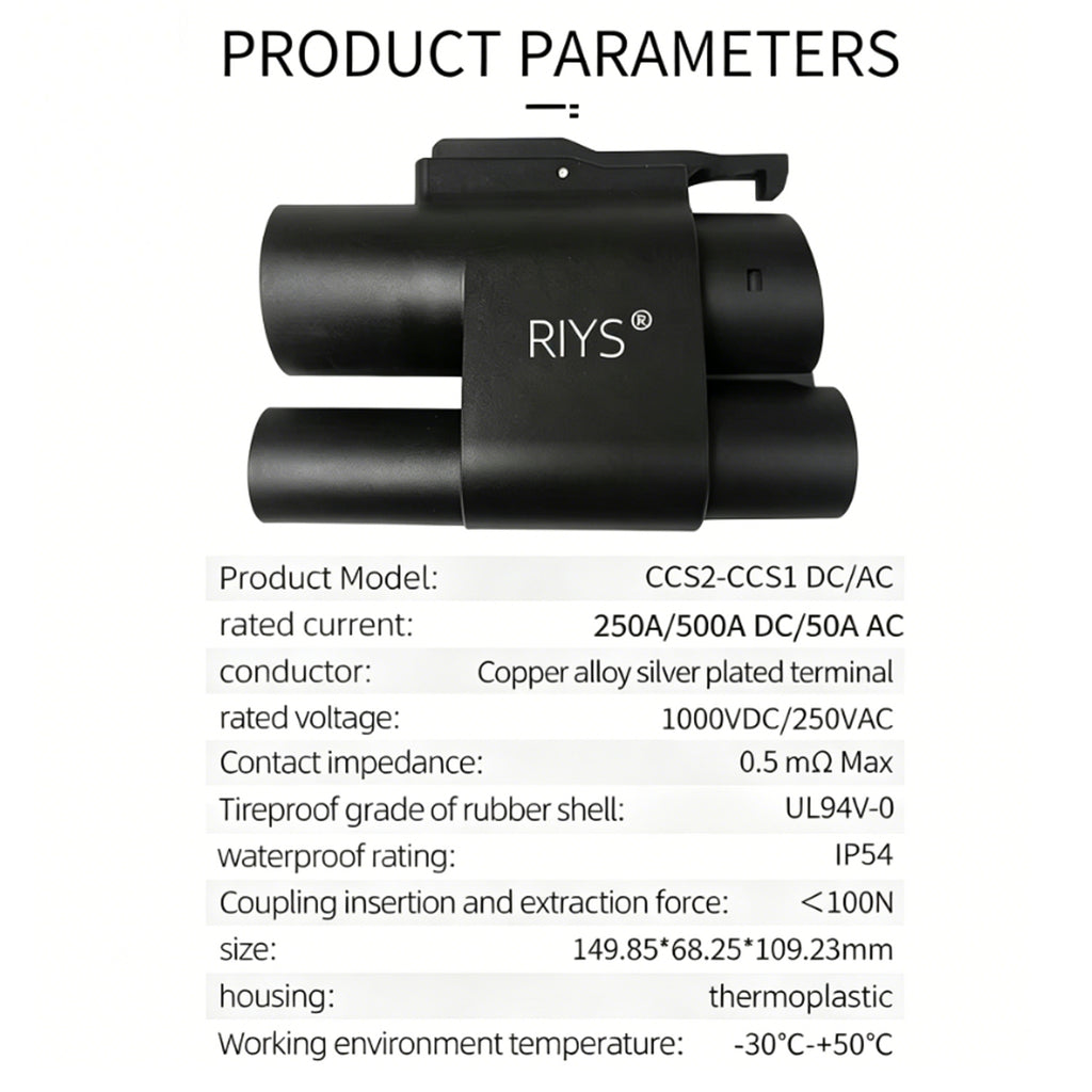 RIYS CCS2‑to‑CCS1 AC+DC Adapter 500A Max for EV