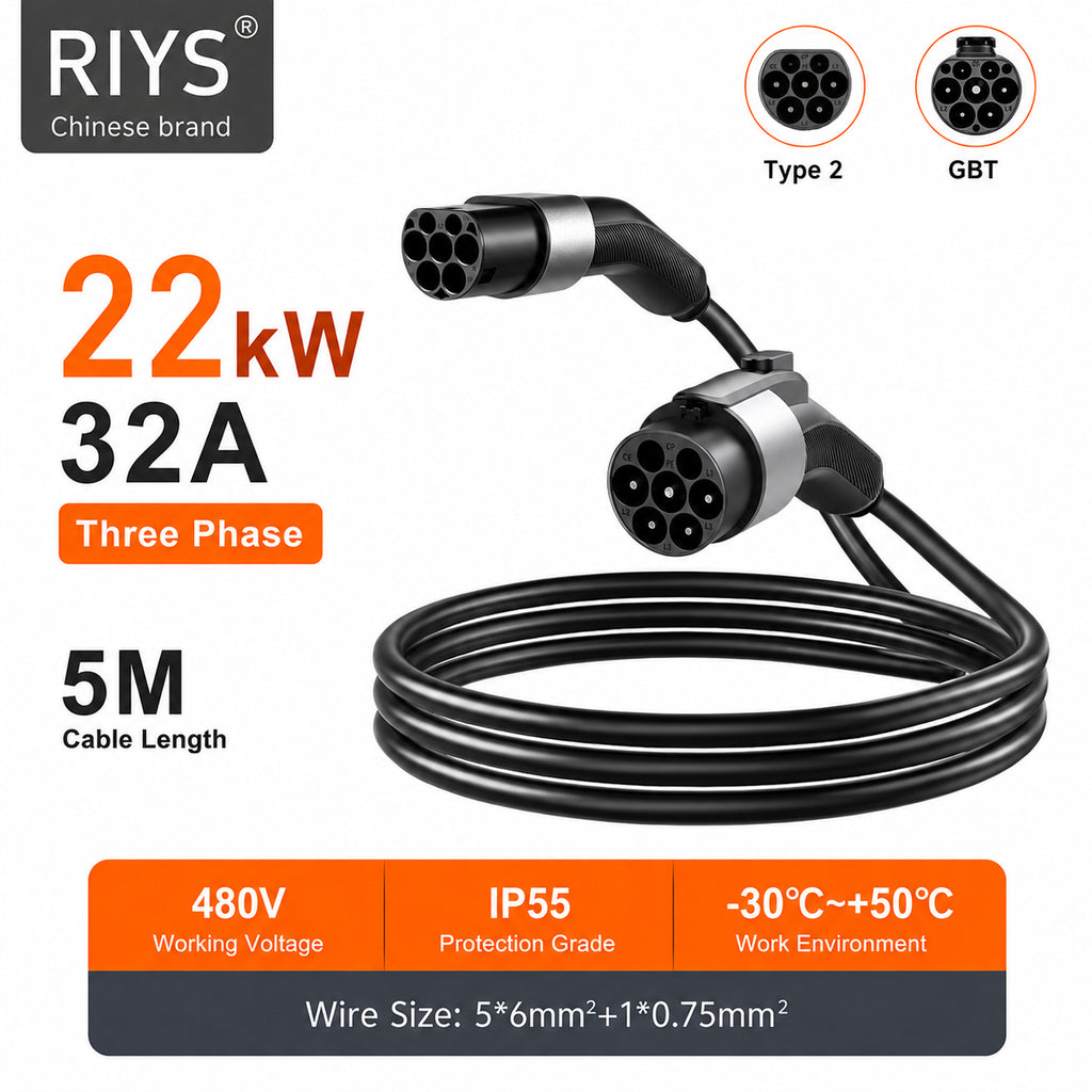 RIYS Type 2 TO GBT EV Charging Cable For GBT Electric Vehicles 22KW 32A 5M High Quality Fast Charging Cable