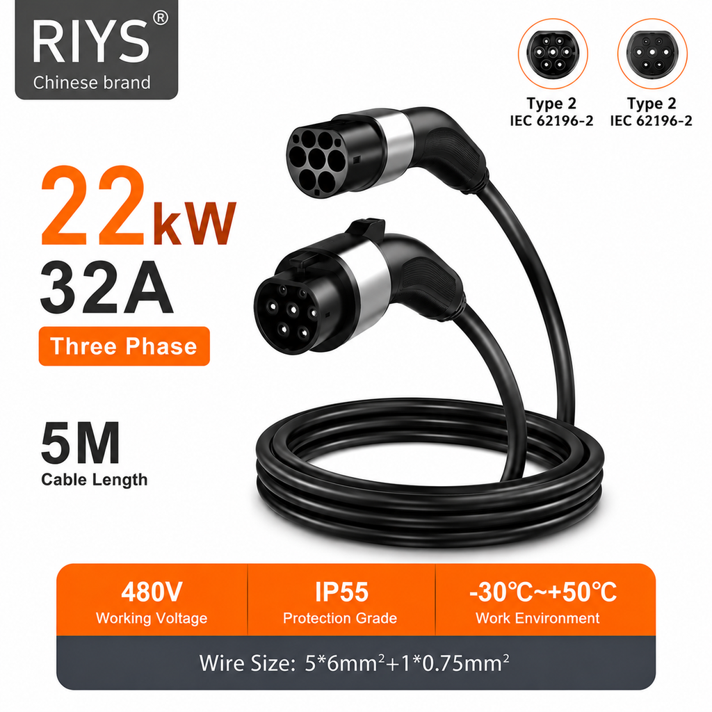 Type 2 EV Charging Cable For Hybrid Electric Vehicles 22KW 32A 5M High Quality Fast Charging Cable
