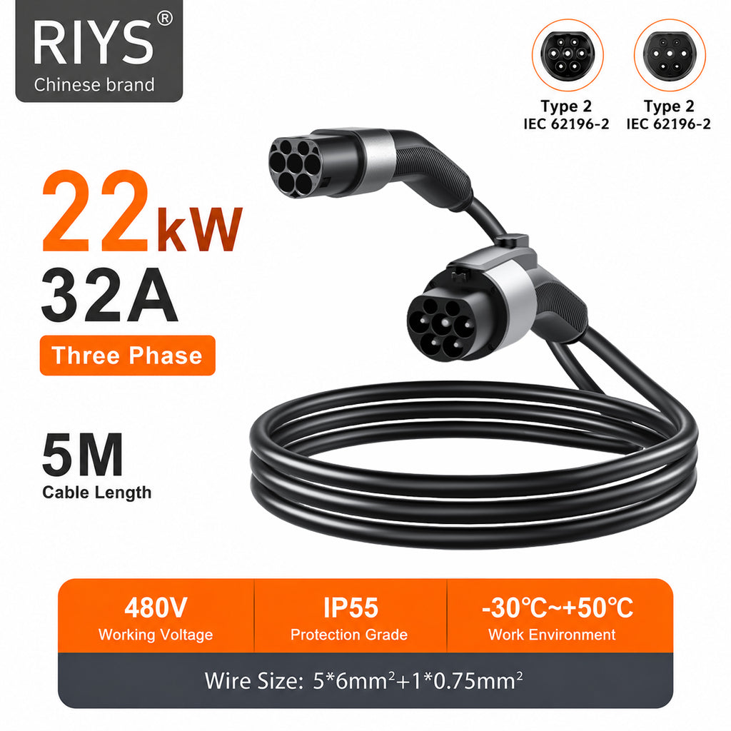 Type 2 EV Charging Cable For Hybrid Electric Vehicles 22KW 32A 5M High Quality Fast Charging Cable