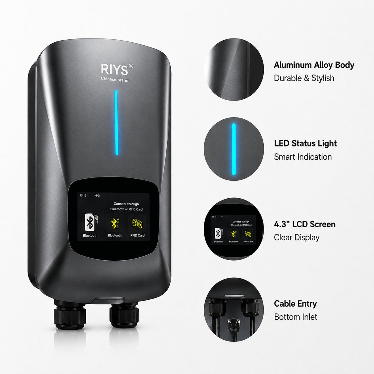EV Charging Station Type 2 7KW 32A 1 Phase Electric Vehicle Car Charger Wallbox with LCD Screen APP Control RFID Card