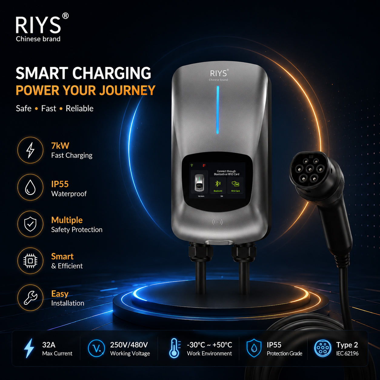 EV Charging Station Type 2 7KW 32A 1 Phase Electric Vehicle Car Charger Wallbox with LCD Screen APP Control RFID Card