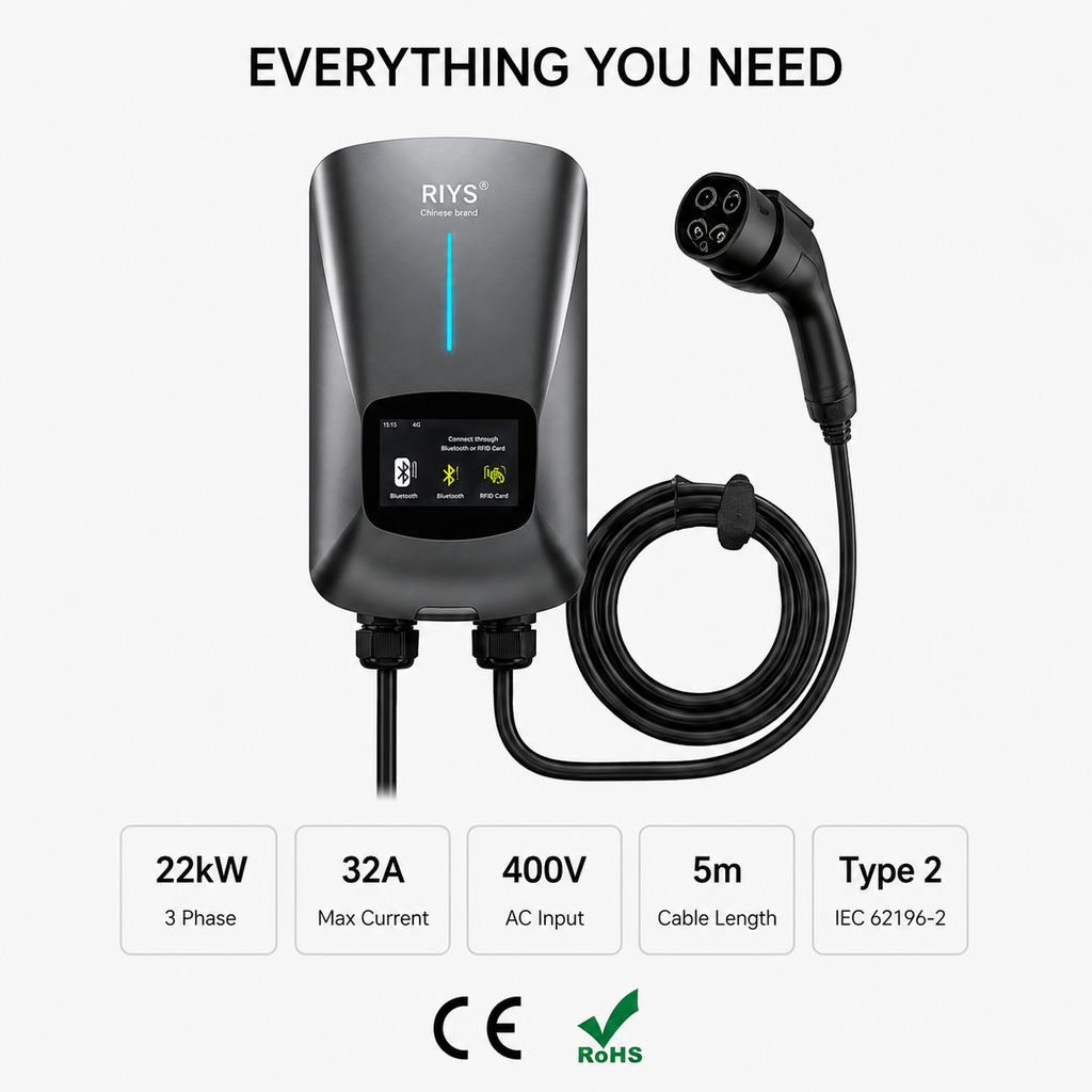 EV Charging Station Type 2 7KW 32A 1 Phase Electric Vehicle Car Charger Wallbox with LCD Screen APP Control RFID Card