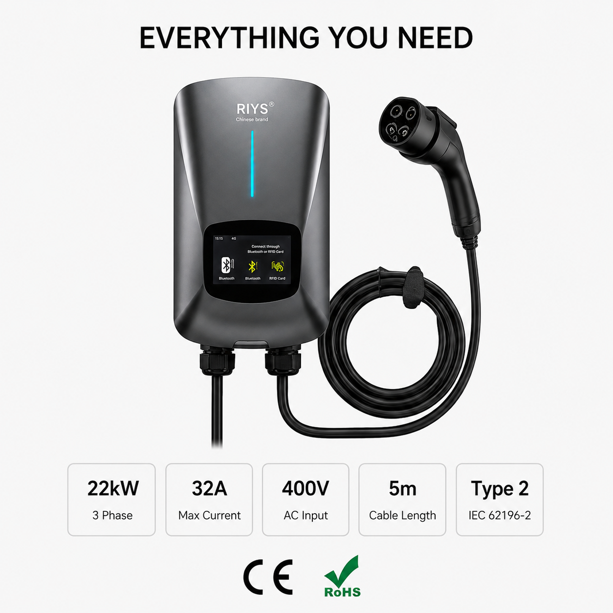 EV Charging Station Type 2 7KW 32A 1 Phase Electric Vehicle Car Charger Wallbox with LCD Screen APP Control RFID Card