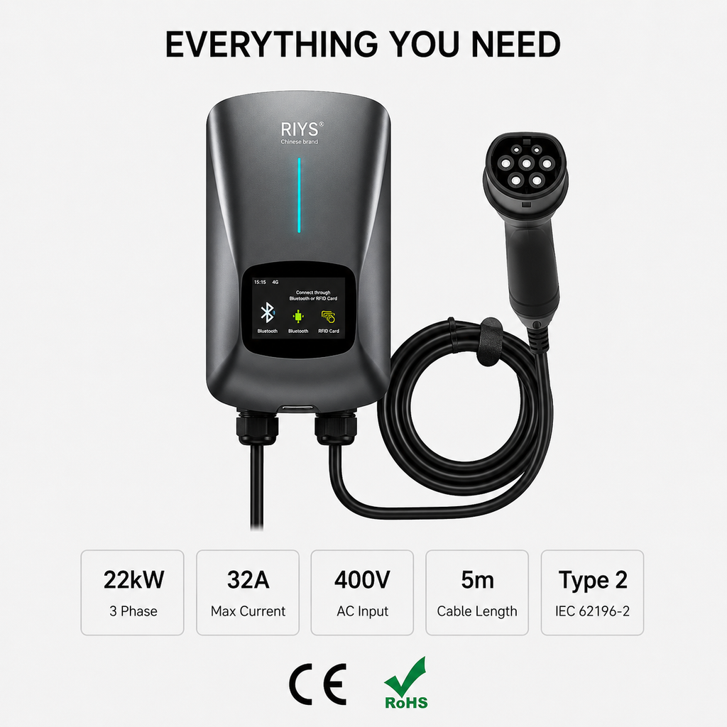 EV Charging Station Type 2 7KW 32A 1 Phase Electric Vehicle Car Charger Wallbox with LCD Screen APP Control RFID Card