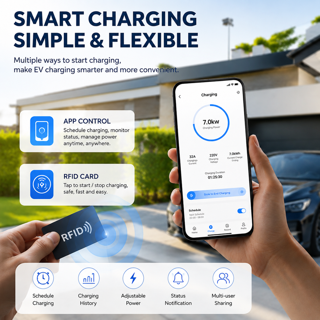 EV Charging Station Type 2 7KW 32A 1 Phase Electric Vehicle Car Charger Wallbox with LCD Screen APP Control RFID Card