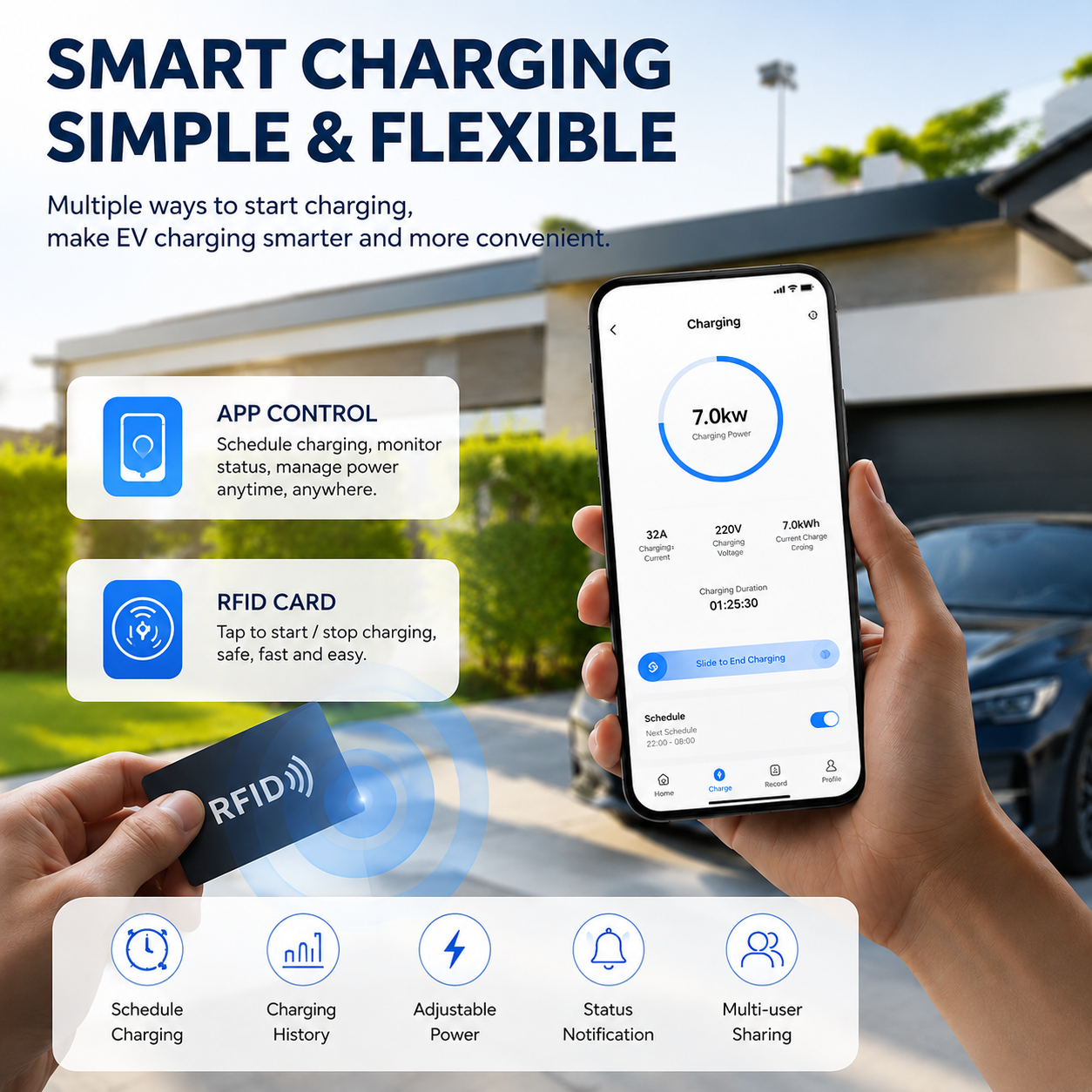 EV Charging Station Type 2 7KW 32A 1 Phase Electric Vehicle Car Charger Wallbox with LCD Screen APP Control RFID Card