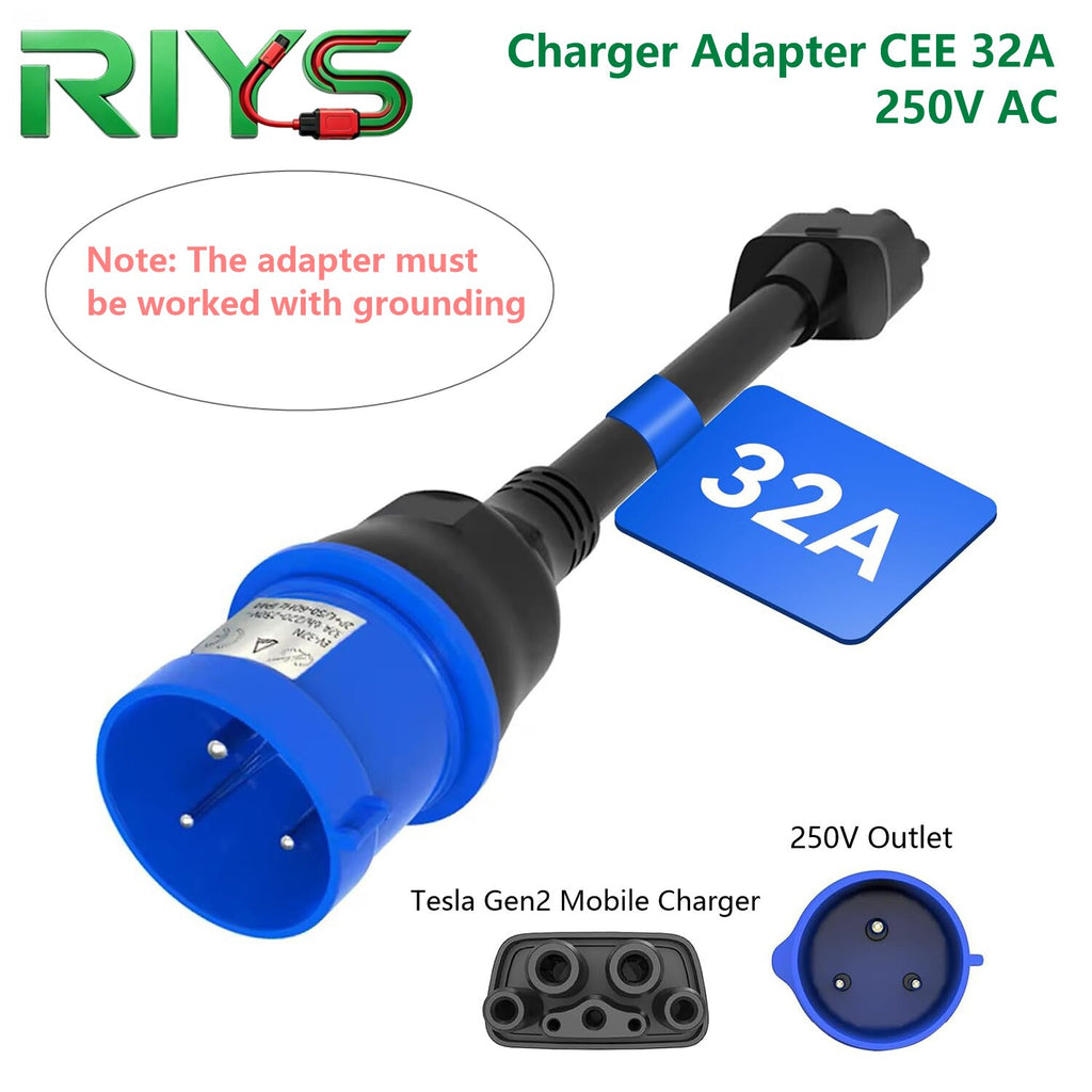 RIYS 3 pin blue cee plug adapter for tesla model s, 3, x, y ev charger extension cable connection tesla nema adapter gen