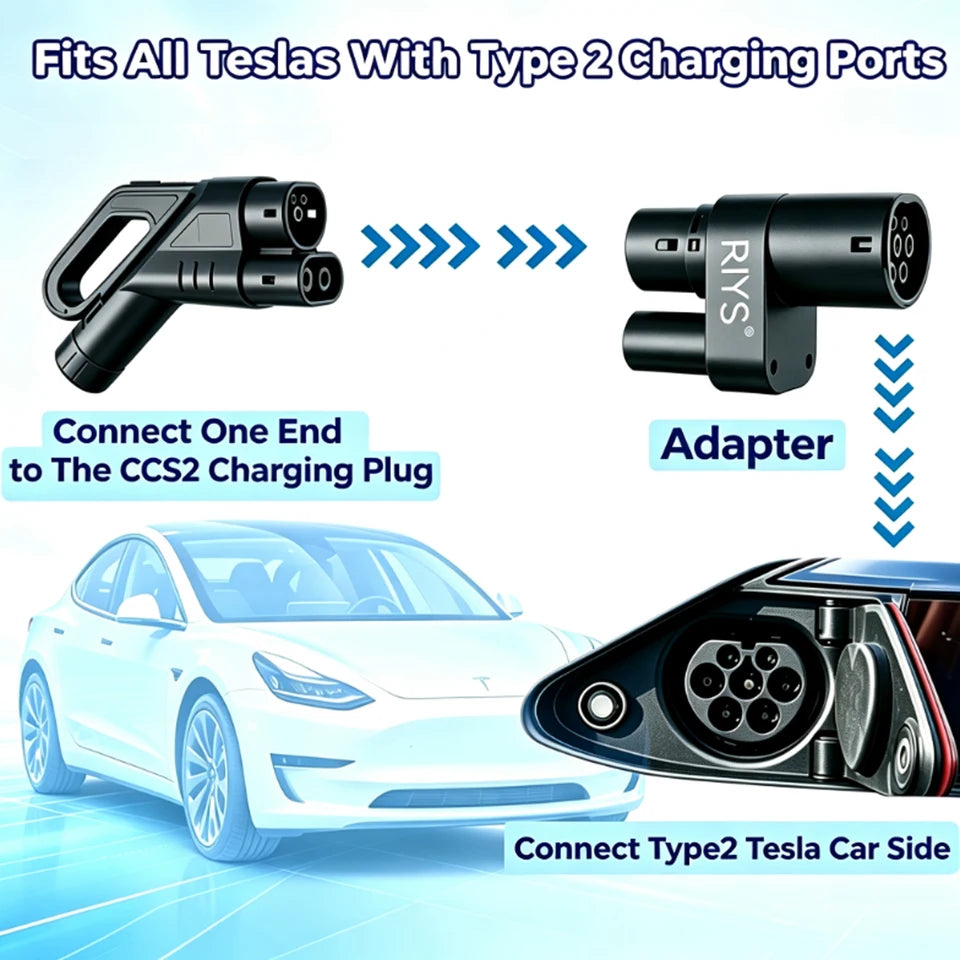 RIYS CCS2‑to‑Type2 Tesla EV Charging Adapter for Model S/X