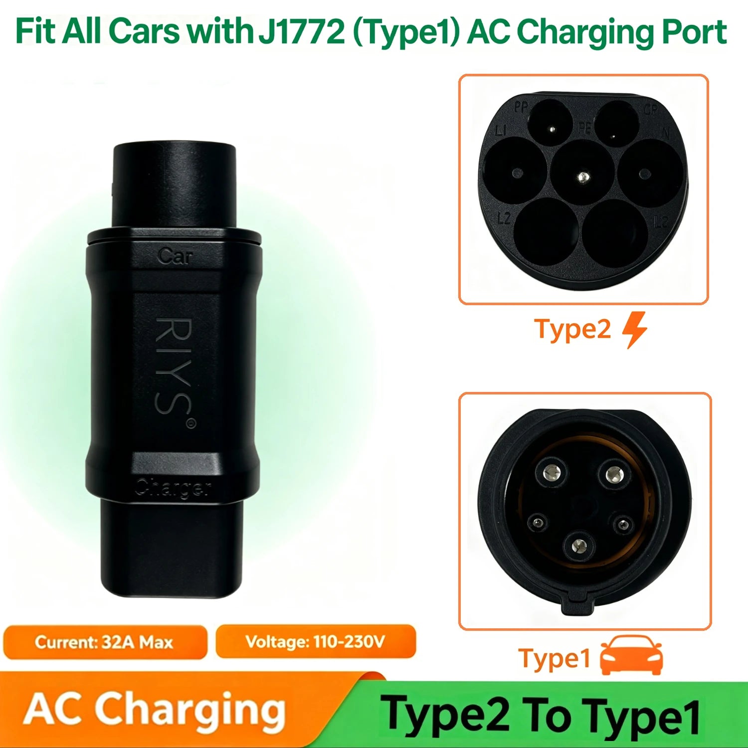 RIYS AC Charging Adapter Type2 To Type1 EV Charger Adapter Converter 32A Type2 to J1772 For Electric Vehicle Charging Adaptor