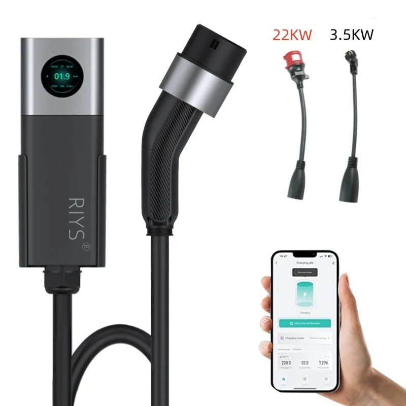 RIYS EV Charger Typ2 Cable 32 A 22 kW Dynamic Load Blancing EVSE Wallbox APP Function 11 kW 22 kW Charging Station Electric Car